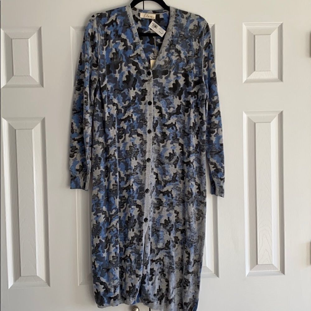 Elan Blue & Black Camouflage Long Cardigan Sweater Size M